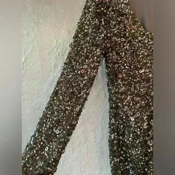 Adrianna Papell Scoop Back Sequin Long Sleeve Dress in Lead #N377; size 8 - Picture 6 of 10